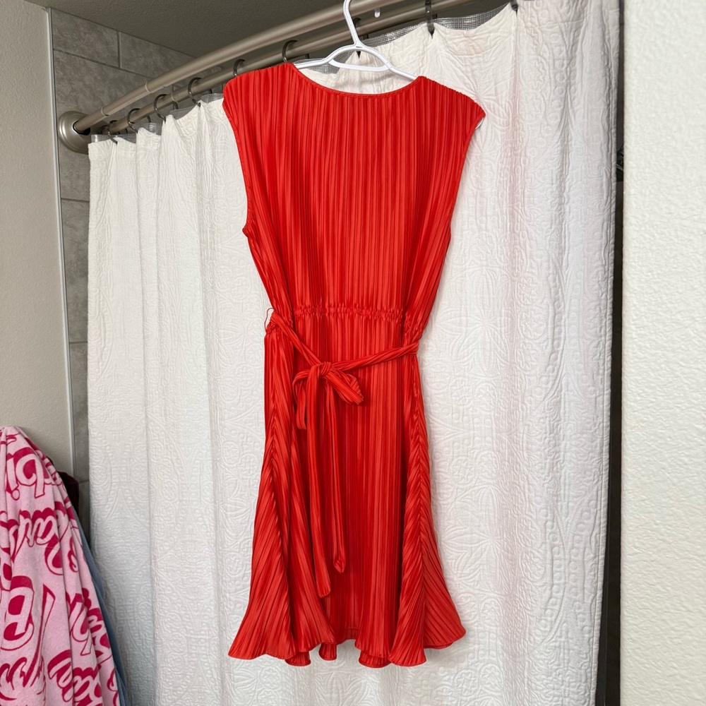 Red Pleated Dress with Tie Waist